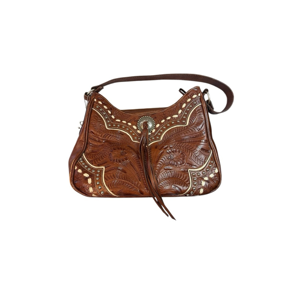 American West Handbags - American West Brown Tooled Leather Shoulder Bag With Dust Bag